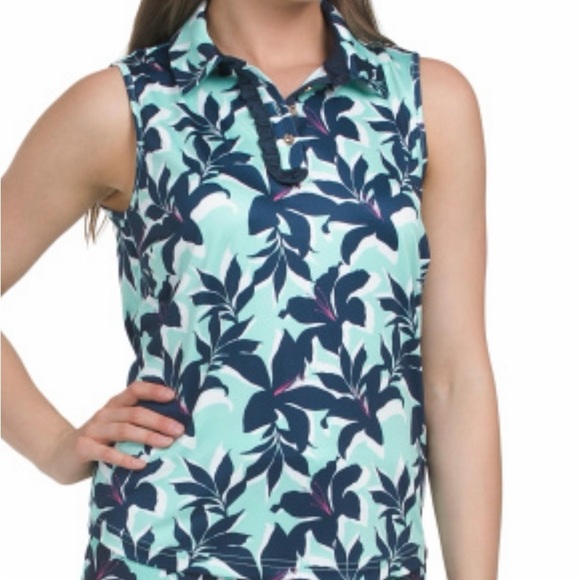 Stella Parker Tops - Floral Sleeveless Tank Top - Blue and White